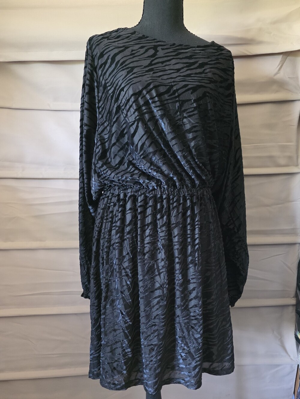 Black Textured Zebra-Print Long Sleeve Dress